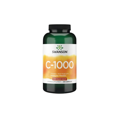 Swanson's Vitamin C-1000 with Rose Hips features 250 capsules, each at 1000 mg. The black bottle with an orange gradient label and green cap offers a potent vitamin C supplement for antioxidant immune support.